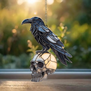 Raven Skull Acrylic Suncatcher, Faux Stained Glass Crow Window Hanging, Gothic Decor, Dark Aesthetic Gift