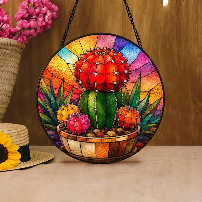 Barrel Cactus Stained Glass Suncatcher, Colorful Desert Window Hanging ...