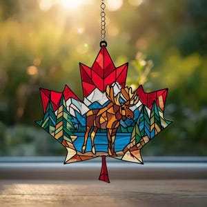 Attrape-soleil acrylique feuille d'érable orignal, tenture de fenêtre de la faune canadienne, cadeau déco nature Canada