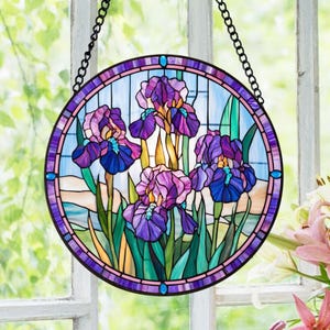 Purple Iris Stained Glass Suncatcher, Iris Flower Window Hanging Decor, Floral Garden Art Gift, Botanical Sun Catcher