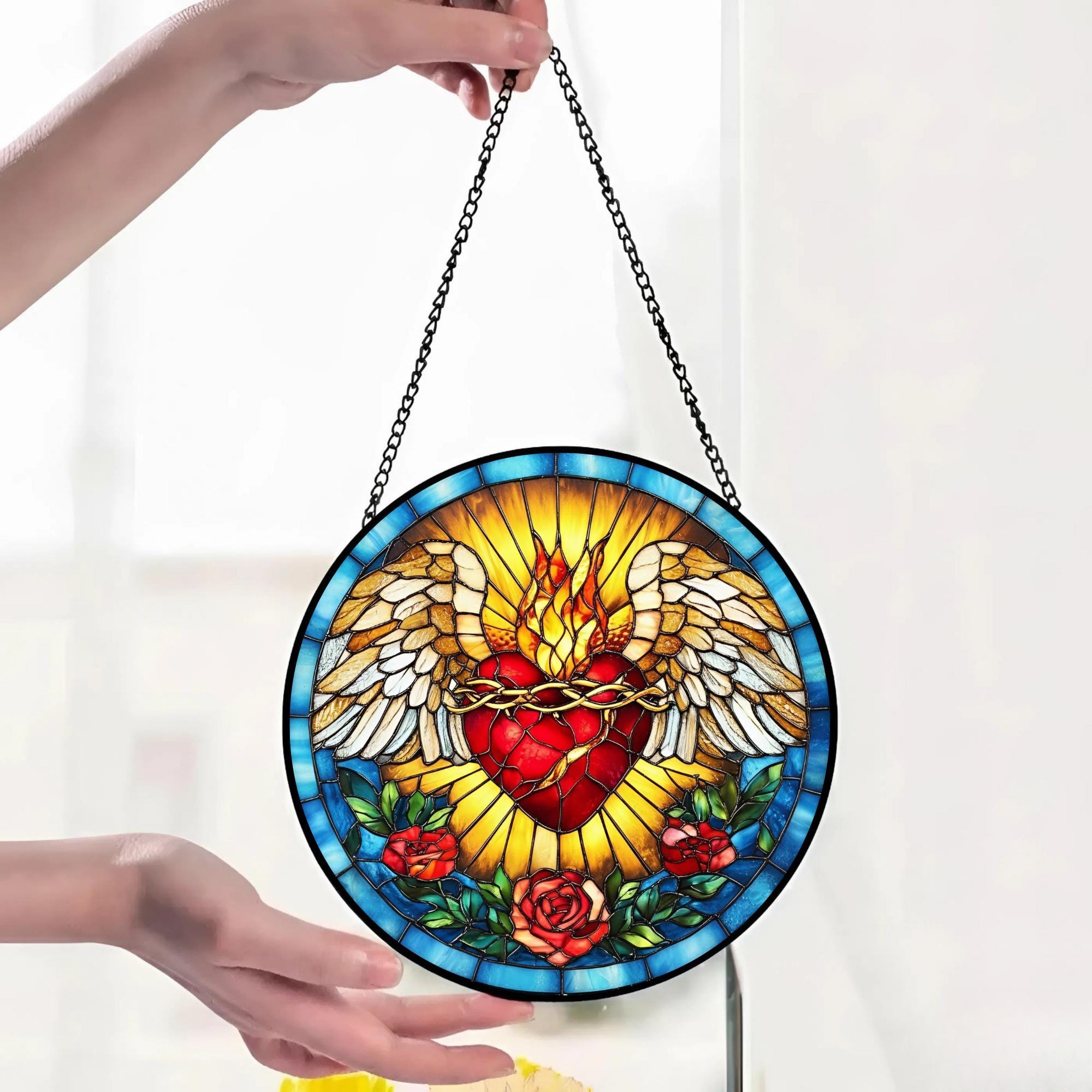 Sacred Heart Jesus Stained Glass Suncatcher, Catholic Faith Window ...