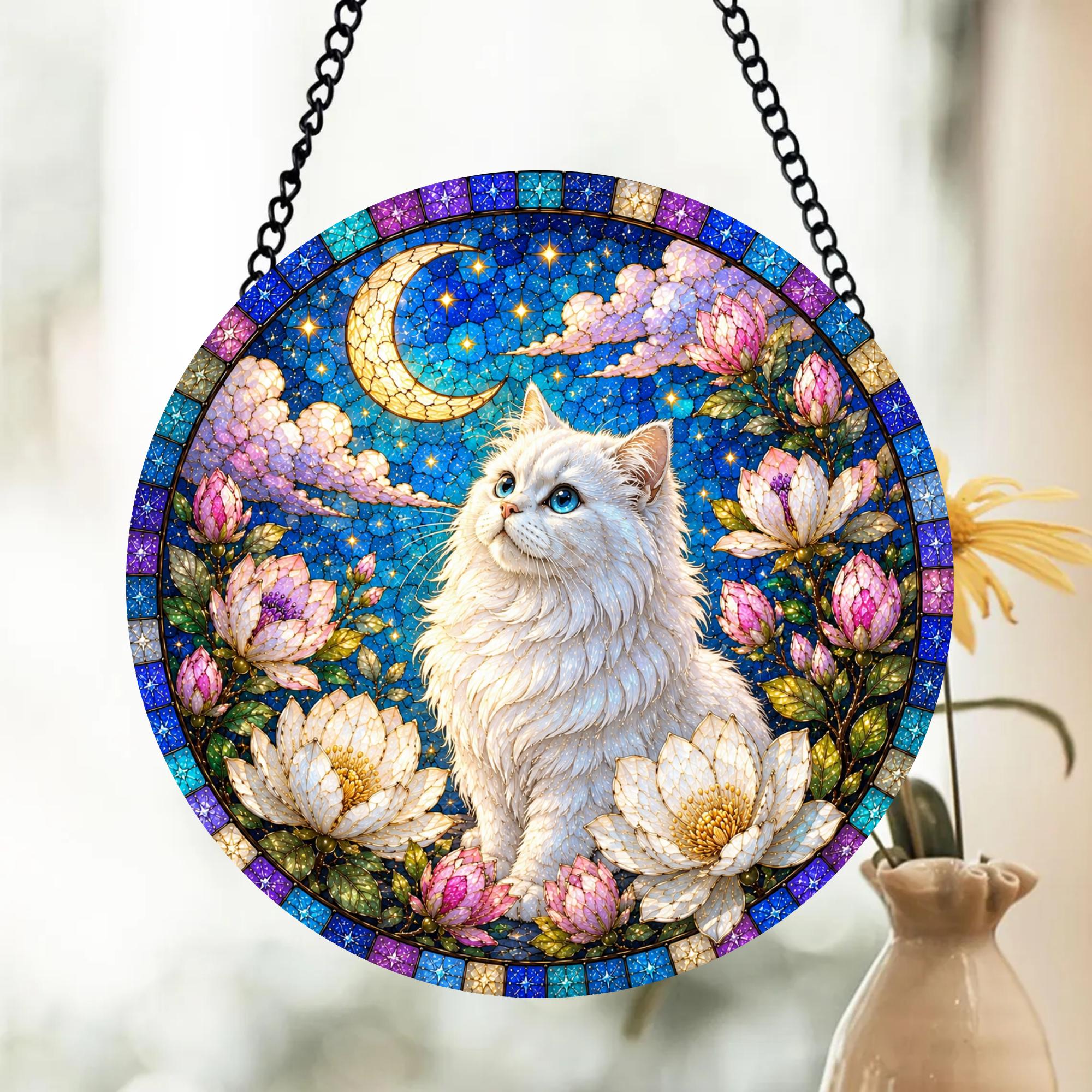 White Cat Stained Glass Suncatcher, Moonlit Kitty Window Hanging ...