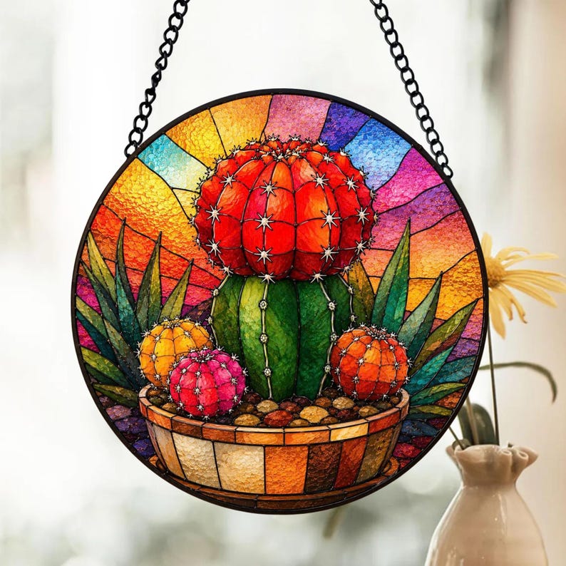 Barrel Cactus Stained Glass Suncatcher, Colorful Desert Window Hanging ...