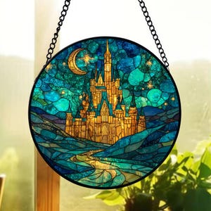 Smaragdgrüne Stadt Buntglas Suncatcher, gelbe Ziegelsteinstraße Fensterbehang, Zauberer von Oz inspiriertes Dekor, magisches Fantasygeschenk
