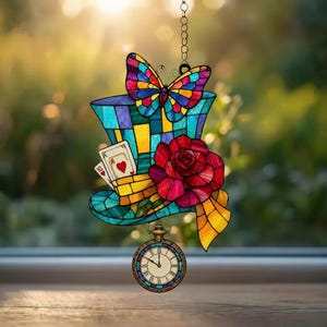 Galna Hattmakaren Hatt Akryl Solfångare, Alice i Underlandet Gåva, Tebjudningsdekor, Fönsterhänge i fantasistil, Nyckfull Ornament