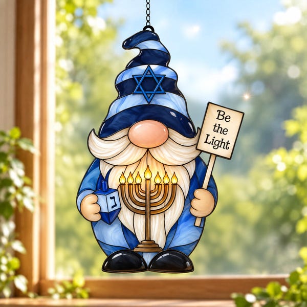 Jewish Gnome Acrylic Suncatcher, Menorah Window Hanging, Holiday Home Decor