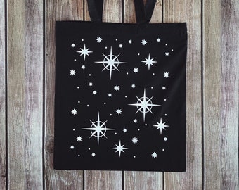 Starry Night - Tote Bag - Handprinted Black Tote Bag with White Stars - Witchy Aesthetic