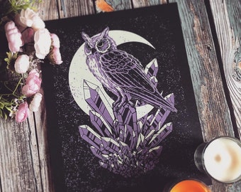 The Mystics Landing Art Print - Handmade Gothic Home Decor - Owl on Crystal - Celestial Greek Moon Art - Dark Aesthetic - Witch Poster