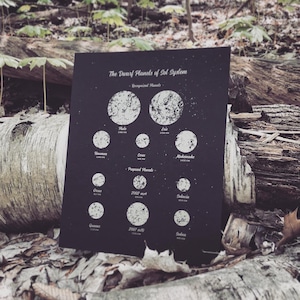 May include: A black and white poster with the title "The Dwarf Planets of Sol System". The poster lists the recognised dwarf planets, including Pluto, Eris, Makemake, and Haumea, as well as proposed dwarf planets, including 2002 MS4, Salacia, and 2007 OR10.