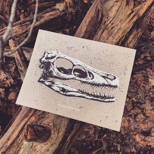 Raptor Skull Art Print - Handmade Living Room Poster - Velociraptor - Cretaceous Black and White Dinosaur Dino Gift - Home Office Decor