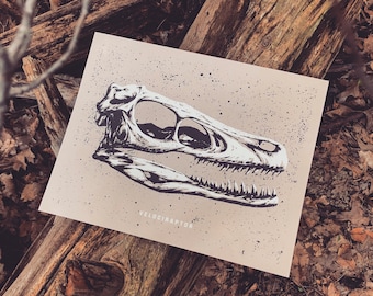 Velociraptor Skull Art Print: Cretaceous Dinosaur Poster, Handmade