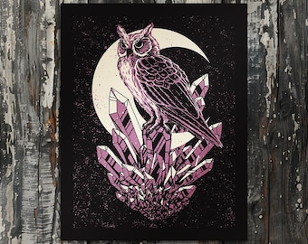 Gothic Eule Art Print: Die Mystiker bei der Landung - Himmlischer Mond, Kristall - handgemachter Siebdruck