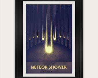 Meteor Shower - Postcard or Poster - Galaxy Art Print - Space Travel Home Decor - NASA Astronomy - Retro Futuristic Art Deco Print