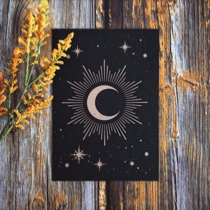 Stampa artistica lunare - 5 x 7 pollici - Serigrafia fatta a mano - Inchiostro color rame metallizzato su carta nera - Decorazione per la casa Art Déco - Poster estetico astrale