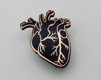 Anatomischer Herz Emaille Pin - Gothic Schwarz & Kupfer Anstecknadel, dunkel Romantisches Accessoire