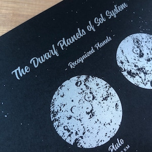 May include: A black and white illustration of Pluto, a dwarf planet in our solar system. The text "The Dwarf Planets of Sol System - Recognized Planets - Pluto - 2380 KM" is printed on the image.