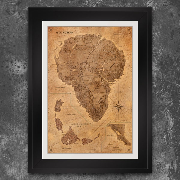 Jurassic Park Map Poster - Dinosaur Decor - Isla Nublar Map - The Lost World - Sepia Vintage Design - Frame not Included