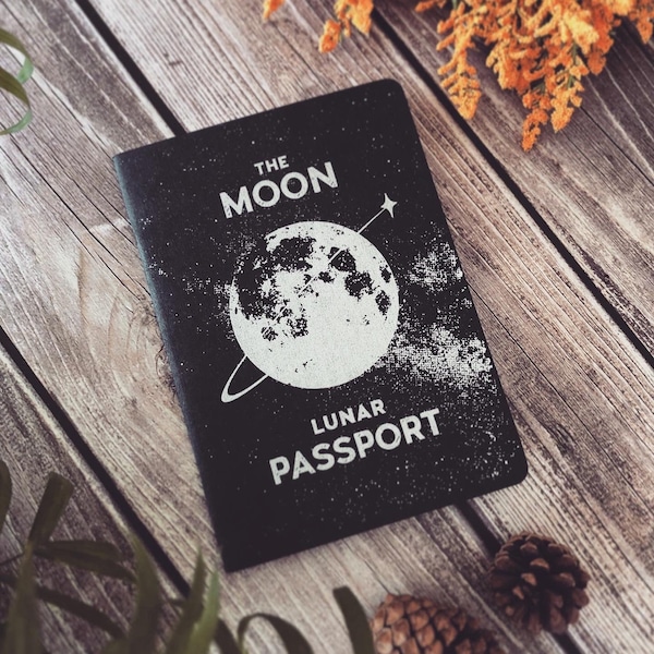 Lunar Passport - 32 Page 5X7 Inch Notebook - Retro Futuristic Moon Book - Stars Outer Space Journal - Office Astronomy