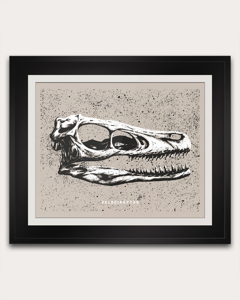 May include: Black and white illustration of a Velociraptor skull. The artwork is set against a speckled tan background and framed in black. The word "VELOCIRAPTOR" is printed in white at the bottom of the image. This piece is suitable for dinosaur enthusiasts.