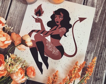 Start a Flame Kunstdruck - Handgemachter Siebdruck - Süßes Demon Girl