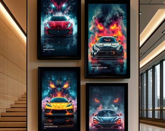 May include: Four framed vertical wall art prints titled Apex Icons, each featuring a high-performance sports car in red, black, yellow, or blue, set against a dark, fiery, and smoky background with glowing eyes, displayed on a light-colored wall.