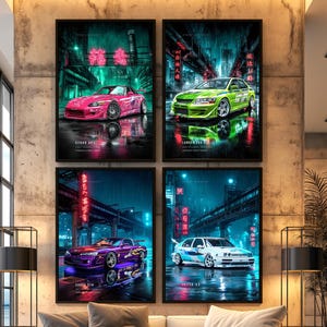 May include: A set of four framed vertical wall art prints featuring stylized sports cars in a rainy, neon-lit urban environment. The prints depict a pink S2000 AP1, a green Lancer Evo VII, a purple 240SX S14, and a white Jetta A3 with Japanese text.