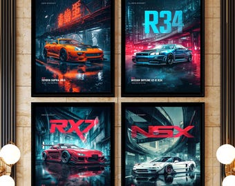 May include: Four framed wall art prints featuring Japanese sports cars in a dark, neon-lit urban setting. The posters display a bright orange Toyota Supra MK4, a blue Nissan Skyline GT-R R34, a red Mazda RX-7 FD3S, and a white Honda NSX NA1.