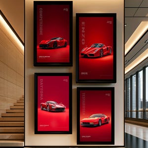 May include: Four rectangular framed wall posters featuring red sports cars on a solid red background. Each poster displays a specific car model name in white text: Competizione, Enzo, Daytona, and Testarossa, along with additional small white text.