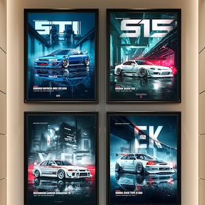 May include: Four framed wall posters featuring automotive illustrations. Top left: blue Subaru Impreza WRX STI GC8. Top right: white Nissan Silvia S15. Bottom left: white Mitsubishi Lancer Evolution VI. Bottom right: white Honda Civic Type R EK9.