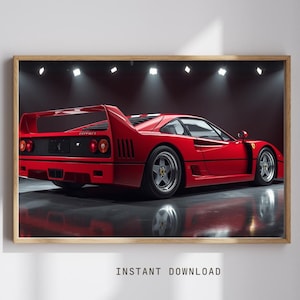 Op de afbeelding: Een digitale poster in een houten lijst met een rode sportwagen gezien vanuit een schuine achterhoek. De auto heeft een grote achtervleugel, ronde achterlichten en zilveren wielen. De tekst luidt Luxury Sports Car Poster Digital.