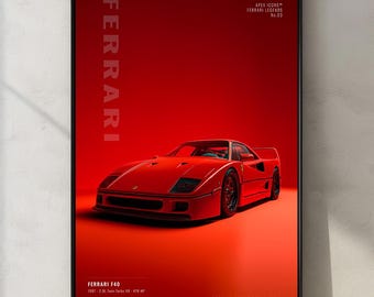 May include: A framed vertical poster featuring a red Ferrari F40 sports car against a solid red background. The text reads FERRARI, APEX ICONS FERRARI LEGENDS No.03, and FERRARI F40 1987 2.9L Twin-Turbo V8 478 HP in white and black lettering.