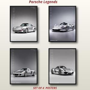 May include: A set of four posters titled Porsche Legends, featuring silver Porsche 959, 911 GT1, Carrera GT, and 918 Spyder sports cars. Each poster displays the car model name vertically in light gray text against a dark gray background.
