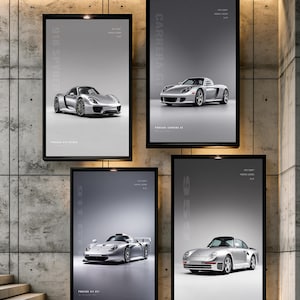 May include: Four rectangular wall posters featuring silver Porsche sports cars. The posters display the 918 Spyder, Carrera GT, 911 GT1, and 959 models, each with model names and technical text printed in white against a grey gradient background.