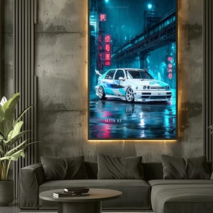 May include: A vertical wall art print featuring a white Jetta A3 sedan with blue racing decals parked on a wet city street at night. The scene is illuminated by vibrant neon blue and red lights, with Chinese characters on signs and the text JETTA A3.