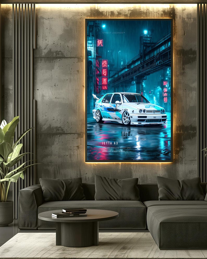 May include: A vertical wall art print featuring a white Jetta A3 sedan with blue racing decals parked on a wet city street at night. The scene is illuminated by vibrant neon blue and red lights, with Chinese characters on signs and the text JETTA A3.