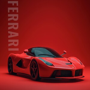 May include: A red LaFerrari sports car on a solid red background. Text reads: LAFERRARI, APEX ICONS HYPERCAR DIVISION No.01, FERRARI LAFERRARI, 2013 6.3L V12 HY-KERS 950 HP, and CURATED PERFORMANCE SERIES. The car features black wheels and a black roof.