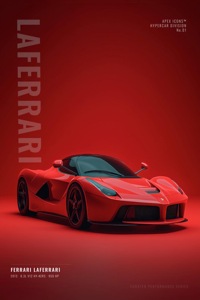May include: A red LaFerrari sports car on a solid red background. Text reads: LAFERRARI, APEX ICONS HYPERCAR DIVISION No.01, FERRARI LAFERRARI, 2013 6.3L V12 HY-KERS 950 HP, and CURATED PERFORMANCE SERIES. The car features black wheels and a black roof.