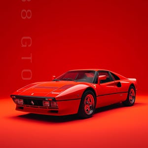 May include: A red 1984 Ferrari 288 GTO sports car on a solid red background. The text reads: 288 GTO, APEX ICONS FERRARI LEGENDS No.04, and FERRARI 288 GTO 1984 2.9L Twin-Turbo V8 400 HP. The car features black trim, silver wheels, and headlights.