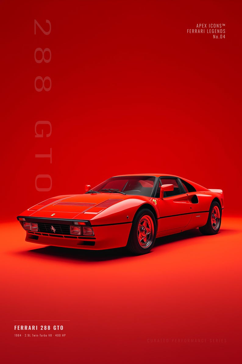 May include: A red 1984 Ferrari 288 GTO sports car on a solid red background. The text reads: 288 GTO, APEX ICONS FERRARI LEGENDS No.04, and FERRARI 288 GTO 1984 2.9L Twin-Turbo V8 400 HP. The car features black trim, silver wheels, and headlights.