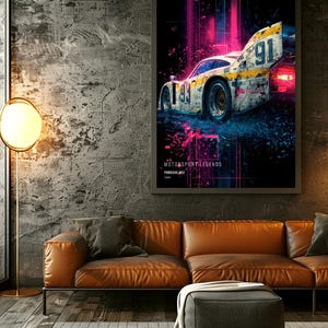 May include: A rectangular wall art print featuring a white and yellow Porsche 962 race car with the number 91 on the rear wing and 93 on the side. The artwork displays vibrant pink and blue neon light streaks, with the text MOTORSPORT LEGENDS PORSCHE 962 1984.