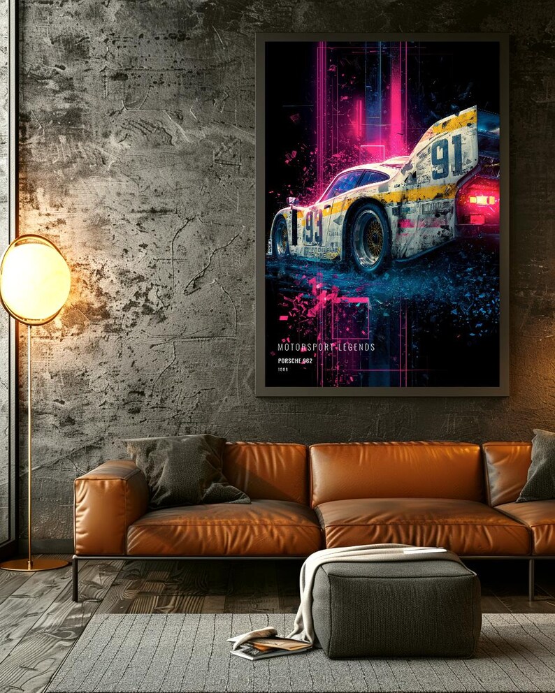 May include: A rectangular wall art print featuring a white and yellow Porsche 962 race car with the number 91 on the rear wing and 93 on the side. The artwork displays vibrant pink and blue neon light streaks, with the text MOTORSPORT LEGENDS PORSCHE 962 1984.