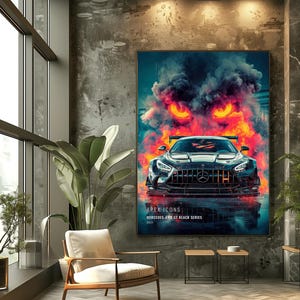 May include: A rectangular wall art print featuring a black Mercedes-AMG GT Black Series car centered beneath a cloud of vibrant orange, red, and blue smoke with glowing yellow eyes. The text reads APEX ICONS MERCEDES-AMG GT BLACK SERIES 2021.