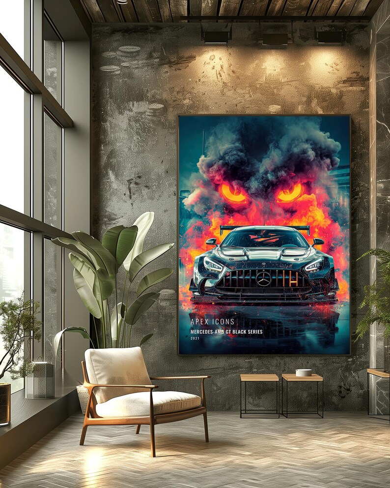 May include: A rectangular wall art print featuring a black Mercedes-AMG GT Black Series car centered beneath a cloud of vibrant orange, red, and blue smoke with glowing yellow eyes. The text reads APEX ICONS MERCEDES-AMG GT BLACK SERIES 2021.