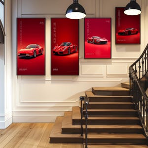 May include: Four rectangular wall posters featuring red Ferrari sports cars. The posters are labeled Testarossa, Enzo, Daytona, and Competizione. Each print displays a distinct red car model against a solid red background with white text.