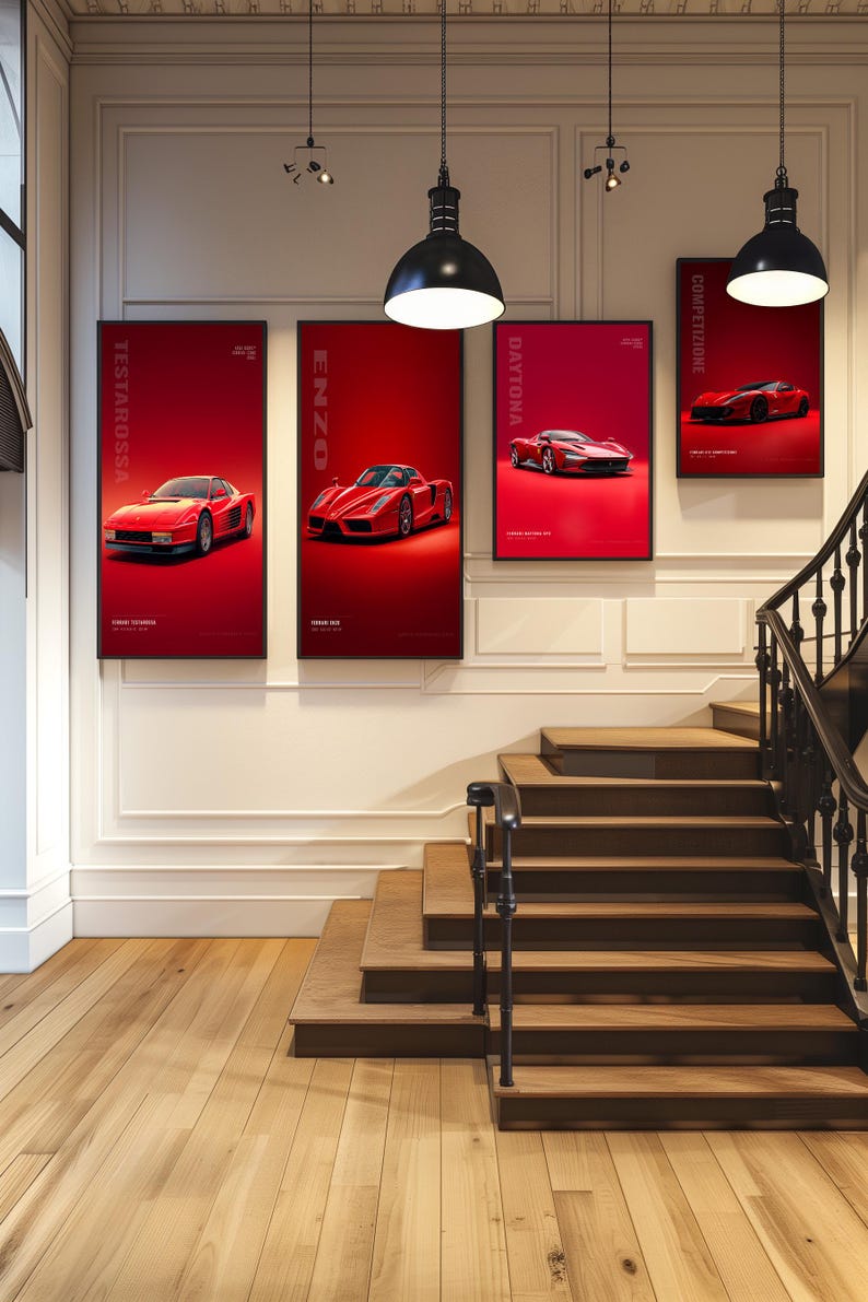 May include: Four rectangular wall posters featuring red Ferrari sports cars. The posters are labeled Testarossa, Enzo, Daytona, and Competizione. Each print displays a distinct red car model against a solid red background with white text.