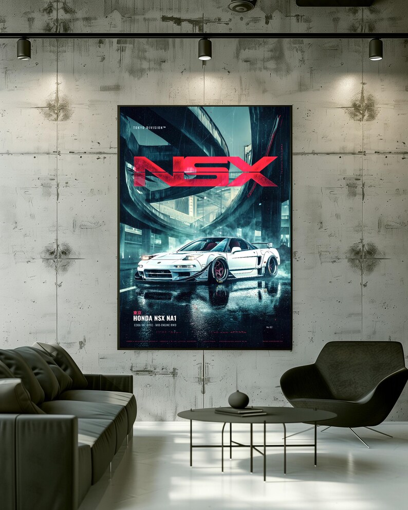 May include: A vertical wall poster featuring a white Honda NSX NA1 sports car parked on a wet city street at night. The text NSX is displayed in large red letters at the top, with Tokyo Division and Honda NSX NA1 printed in white text below.