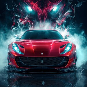 May include: A red Ferrari 812 Superfast sports car with bright blue headlights, surrounded by swirling red and blue smoke. The text APEX ICONS, FERRARI 812 SUPERFAST, and 2018 is printed in white at the bottom of this vertical graphic poster.