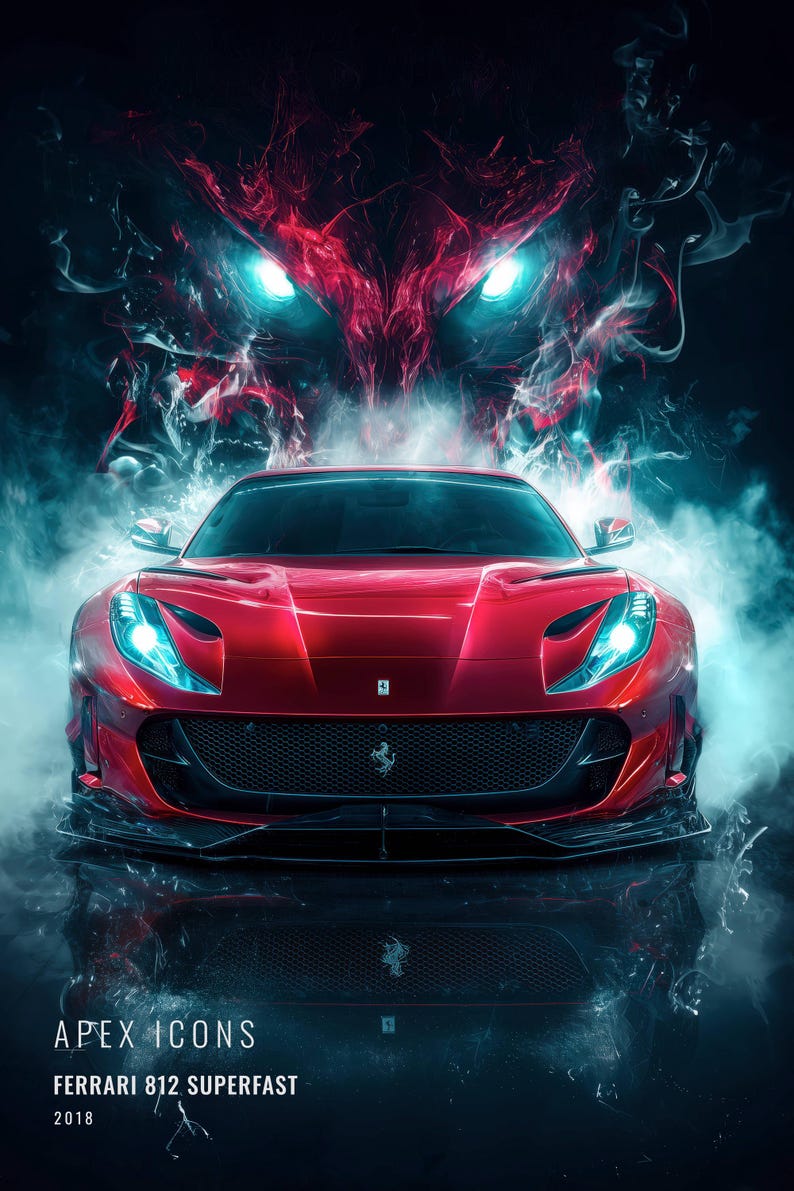 May include: A red Ferrari 812 Superfast sports car with bright blue headlights, surrounded by swirling red and blue smoke. The text APEX ICONS, FERRARI 812 SUPERFAST, and 2018 is printed in white at the bottom of this vertical graphic poster.