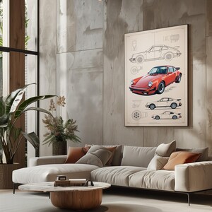 Puede incluir: Una impresi&oacute;n de arte mural enmarcada que presenta una ilustraci&oacute;n de plano t&eacute;cnico de un coche deportivo. La obra muestra un coche rojo central, rodeado de dibujos lineales en blanco y negro m&aacute;s peque&ntilde;os del veh&iacute;culo desde varios &aacute;ngulos.