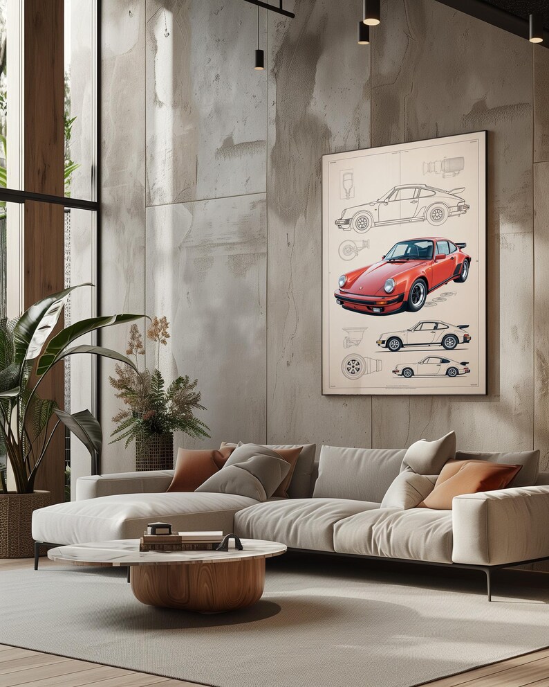 Puede incluir: Una impresi&oacute;n de arte mural enmarcada que presenta una ilustraci&oacute;n de plano t&eacute;cnico de un coche deportivo. La obra muestra un coche rojo central, rodeado de dibujos lineales en blanco y negro m&aacute;s peque&ntilde;os del veh&iacute;culo desde varios &aacute;ngulos.